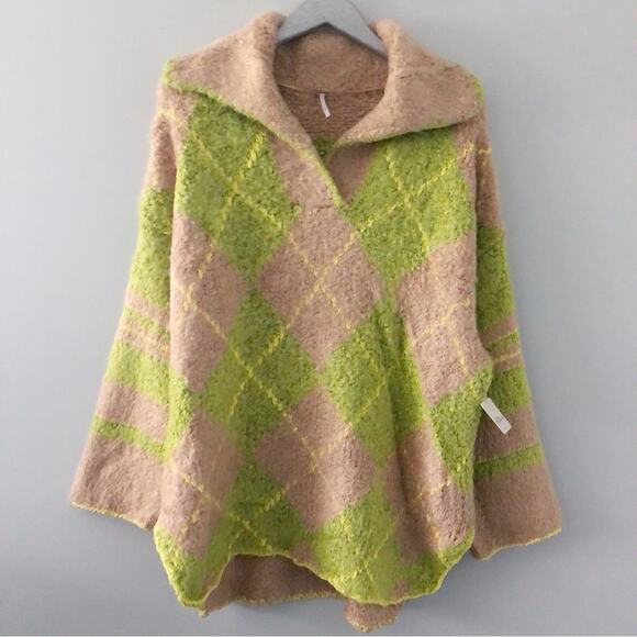 Free People Sunshine to Follow Argyle Cotton Blend Sweater Lemon Sugar Combo NEW - Picture 2 of 10